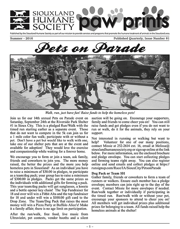 Pawprints Newsletter Summer 2016